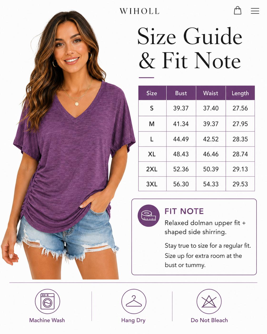 WIHOLL SwimWeek Womens Short Sleeve V Neck Dolman Tops with Side Shirring Loose Fit Shirts WIHOLL SwimWeek Womens Short Sleeve V Neck Dolman Tops with Side Shirring Loose Fit Shirts