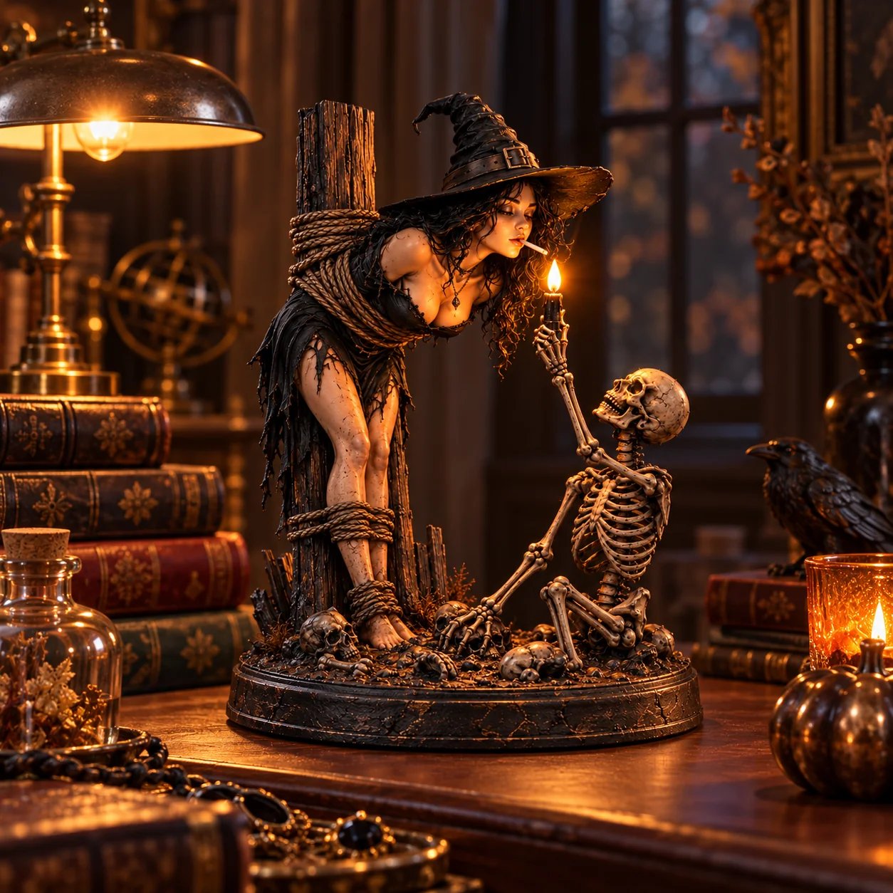 Gothic Halloween Shelf Decor with Witch and Skeleton