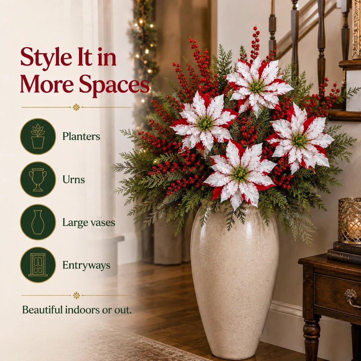 Christmas floral picks in a large vase