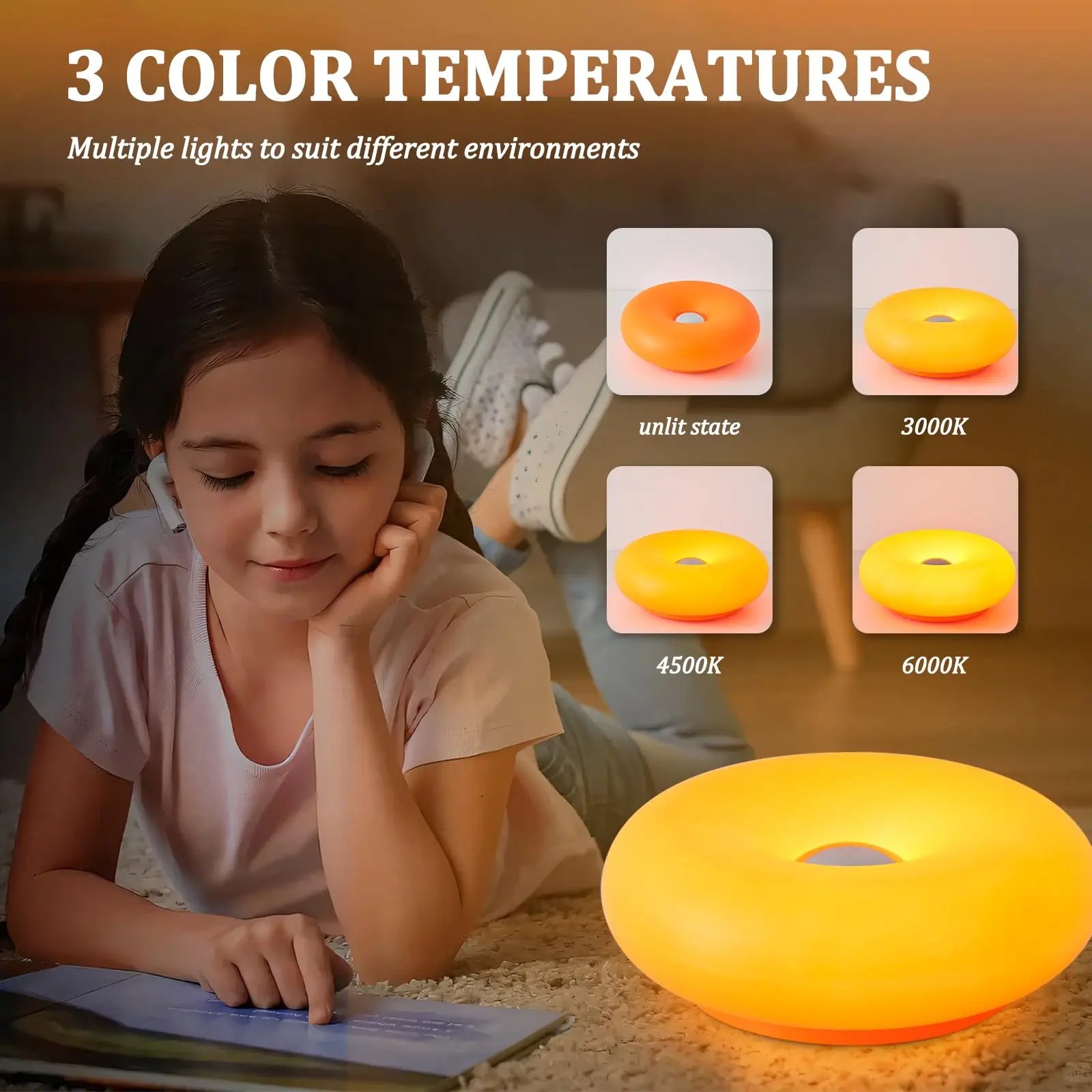 Three color temperature modes for Doughnut LED night lamp