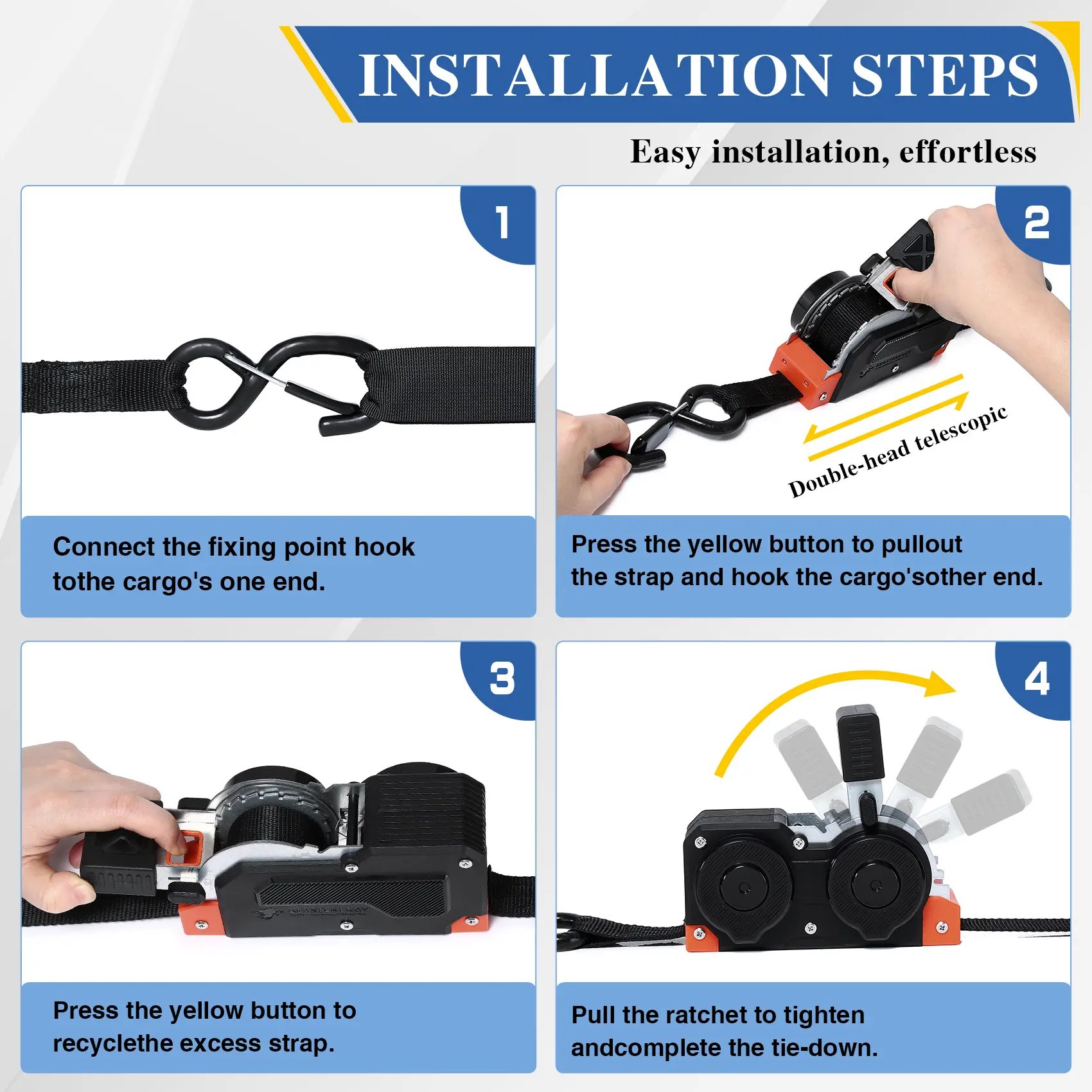 Installation steps for dual end retractable ratchet strap Installation steps for dual end retractable ratchet strap