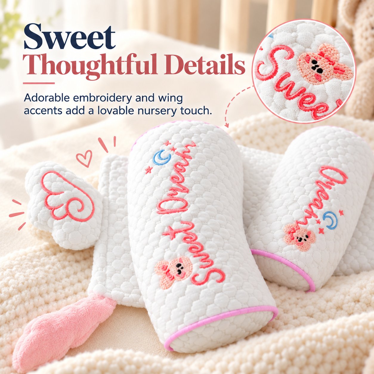 Close-up of embroidered lettering and the pink wing-shaped accents
