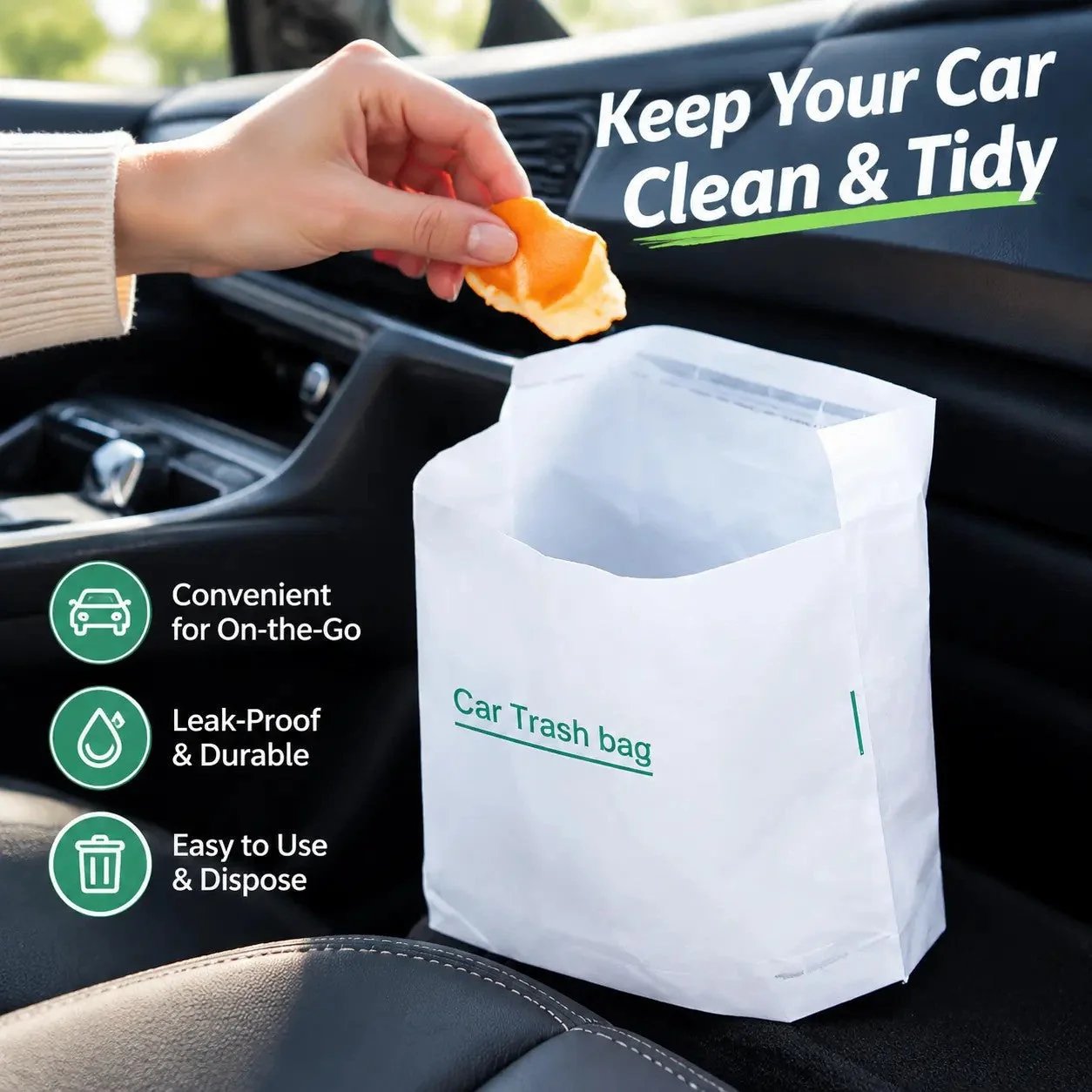 Self-adhesive disposable car trash bag installed inside a vehicle