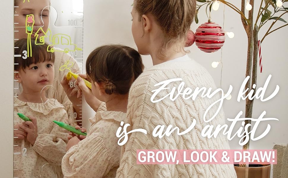 Mom and Daughter Drawing on the growth chart mirror, use as a dry-erase board, Acrylic mirror tiles