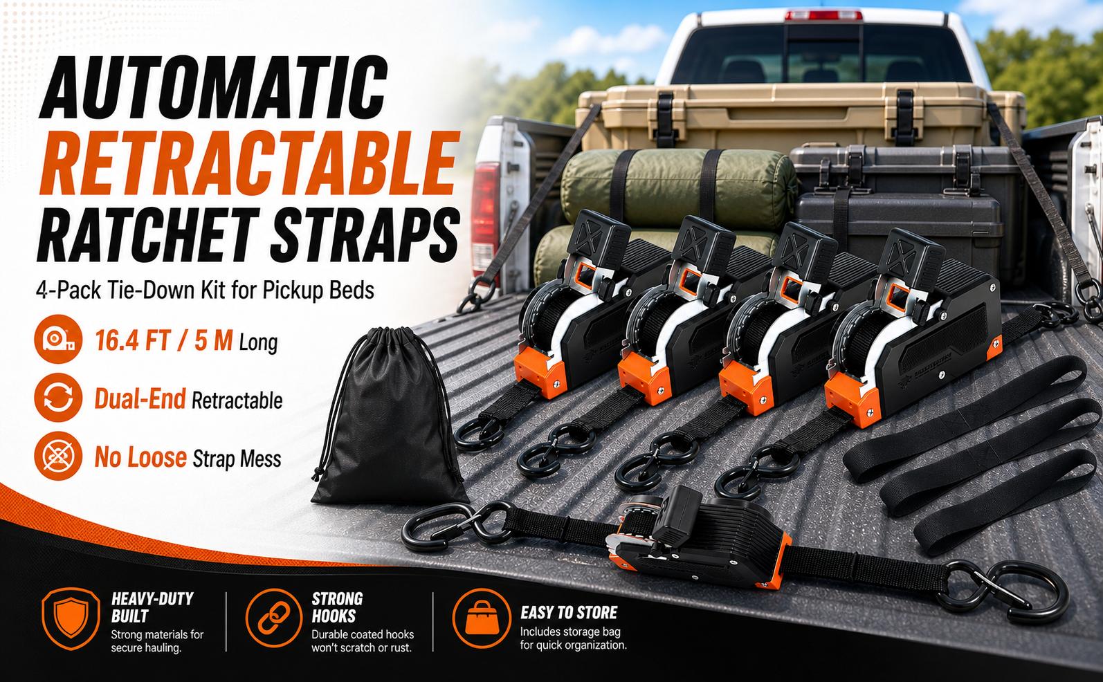 BEASTENERGY Dual-End Retractable Tie-Down Ratcheting Straps, 1 in x 16.4 ft, 1650 lb Break Strength, Adjustable Ratchet Position, Large Locking S Hooks for Motorcycle, ATV, Truck BEASTENERGY Dual-End Retractable Tie-Down Ratcheting Straps, 1 in x 16.4 ft, 1650 lb Break Strength, Adjustable Ratchet Position, Large Locking S Hooks for Motorcycle, ATV, Truck