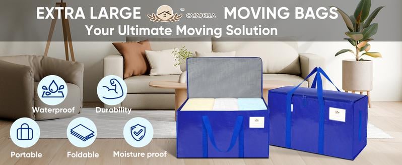 CasaBella 24 Gallon Extra Large Heavy Duty Foldable Moving Bags With Carrying Handles, Zippers and Tag Pocket, Outdoor Camping, water proof Organiser