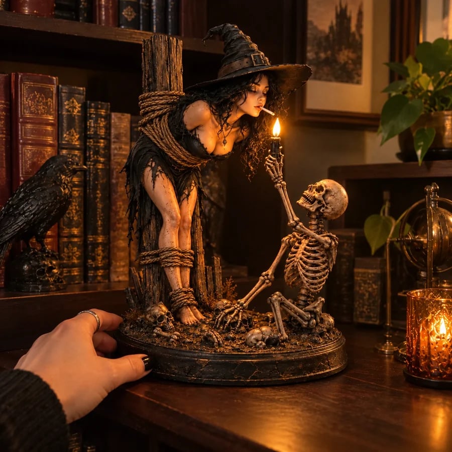 Customer Holding a Gothic Witch and Skeleton Halloween Figurine