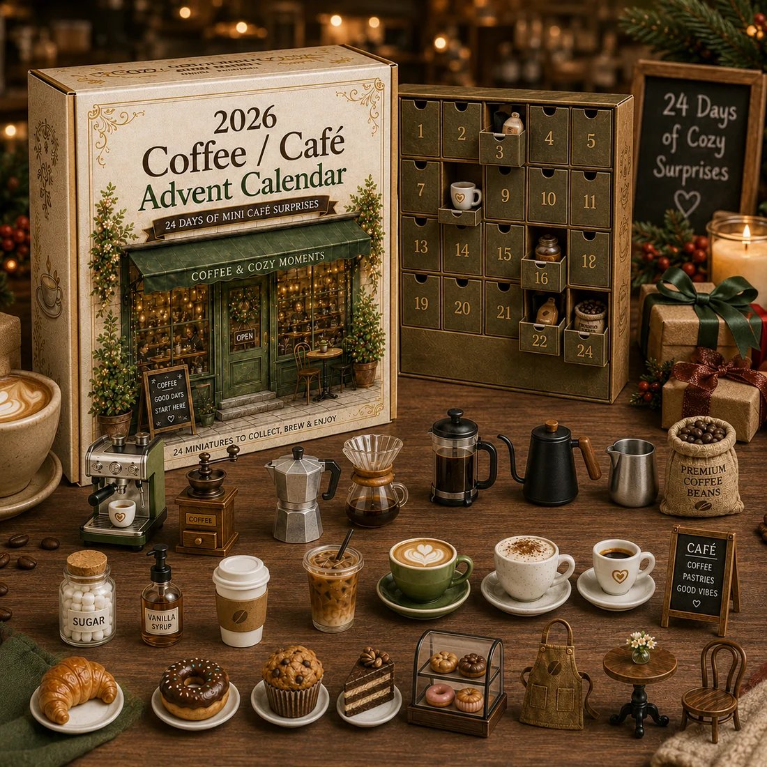 Cozy Cafe Advent Calendar with 24 numbered miniature drawers