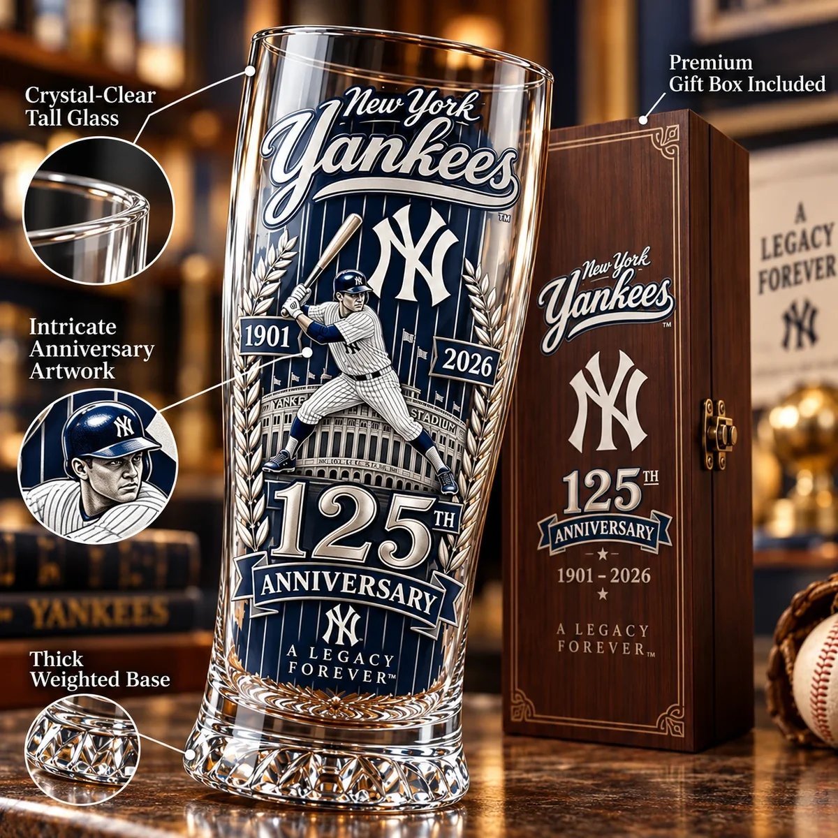 Close-up details of the tall anniversary glass and gift box
