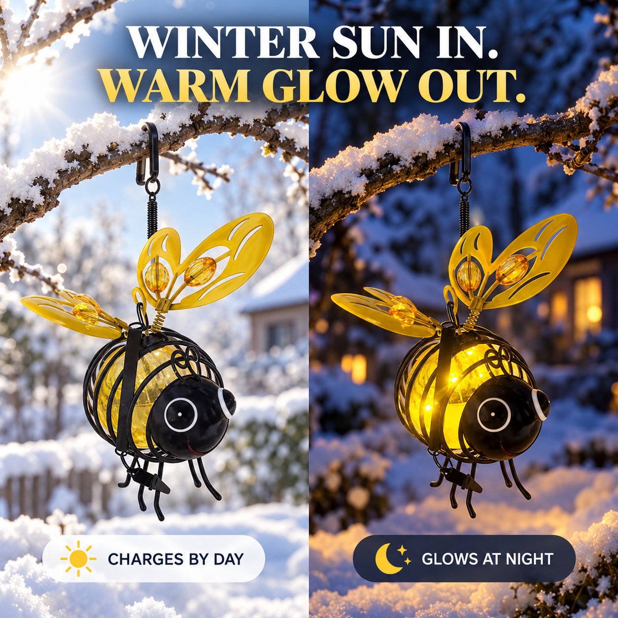 Solar bee light charging in winter daylight and glowing at night