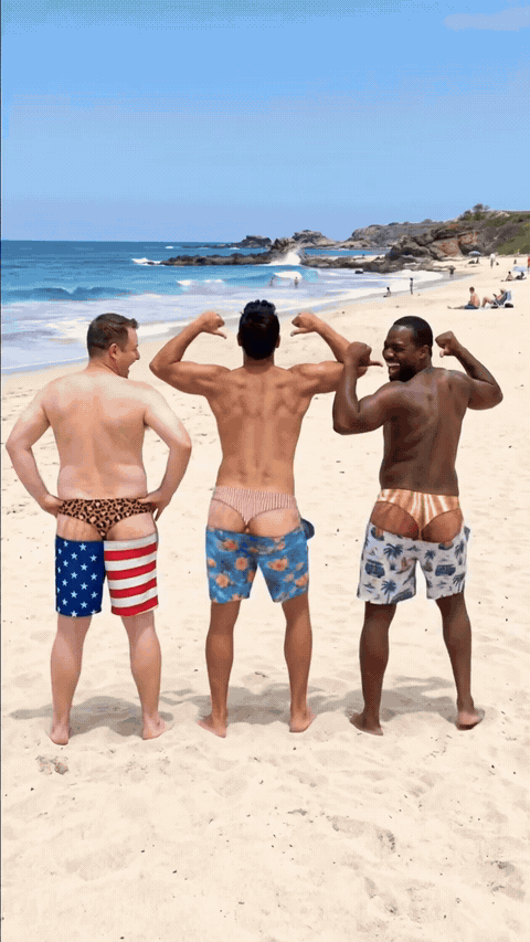 Funny patriotic swim trunks in action