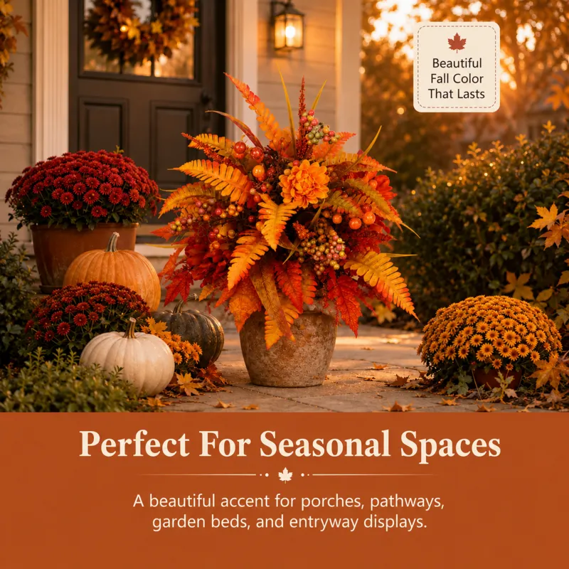 Autumn floral arrangement paired with coordinated seasonal outdoor décor