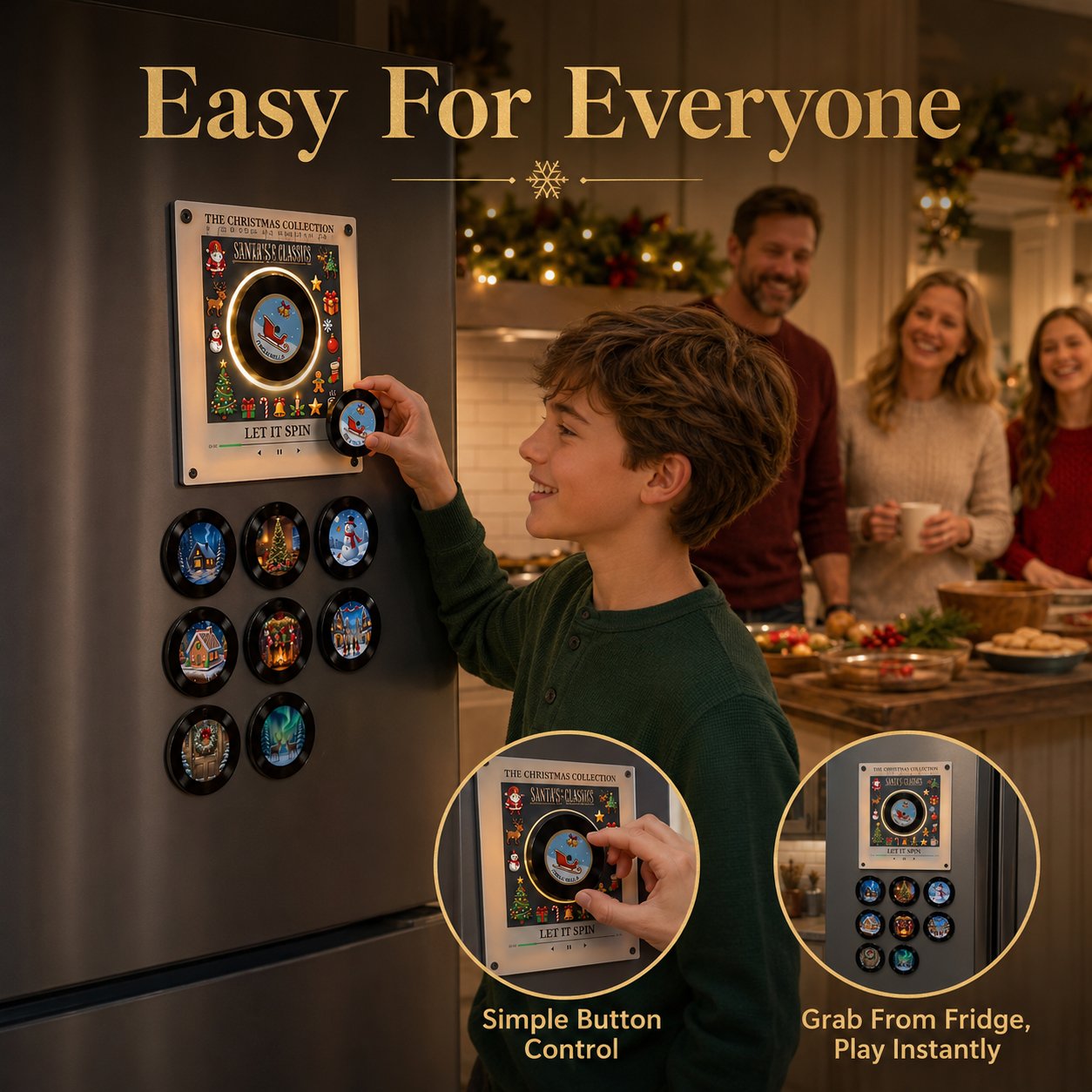 Simple physical buttons on Christmas mini vinyl player