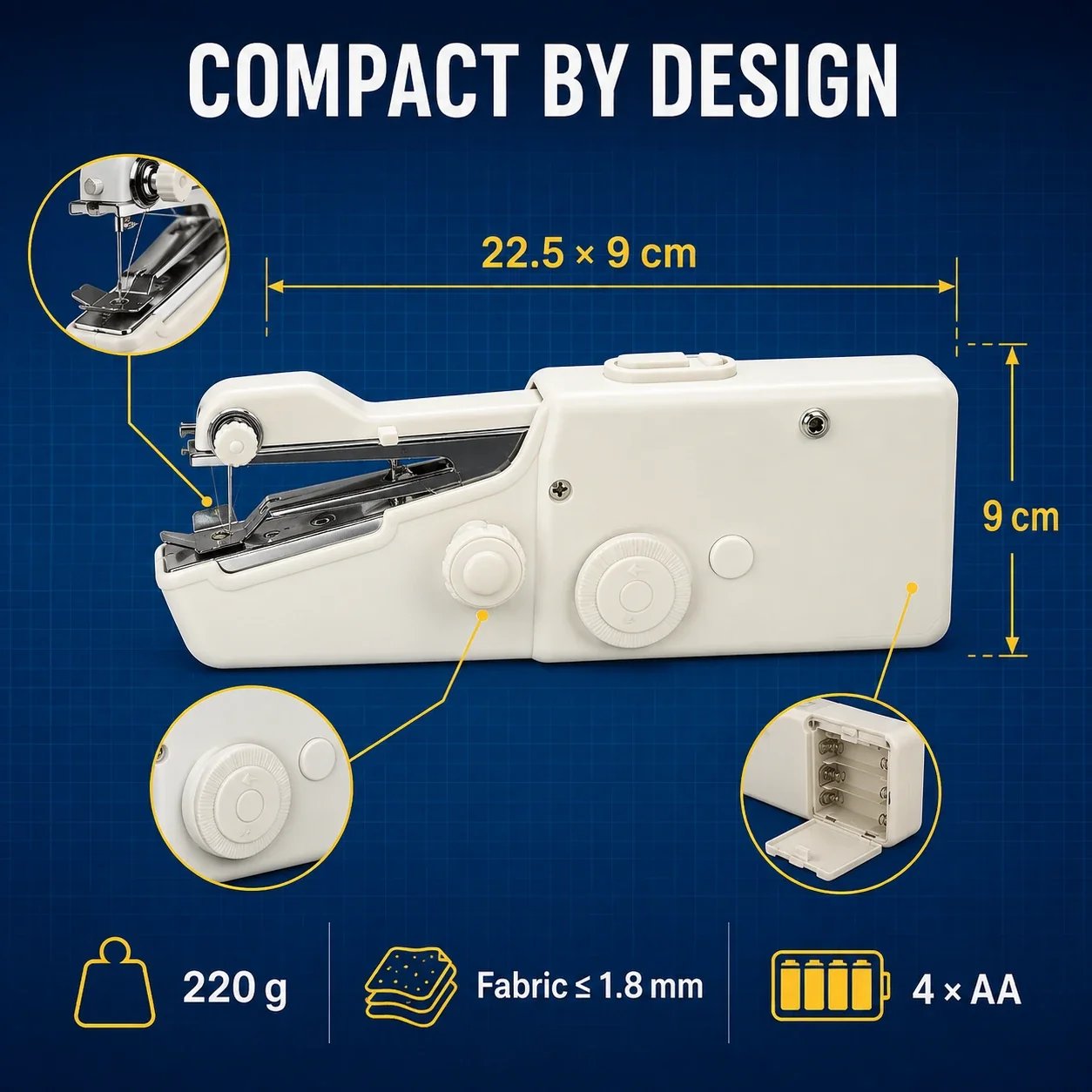 Portable sewing machine dimensions, weight, battery requirement, and fabric thickness limit