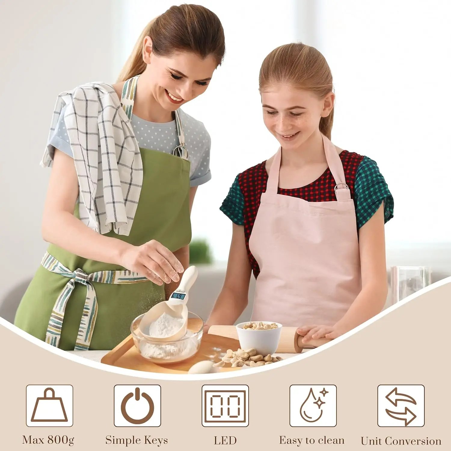 Family cooking with digital measuring spoon scale
