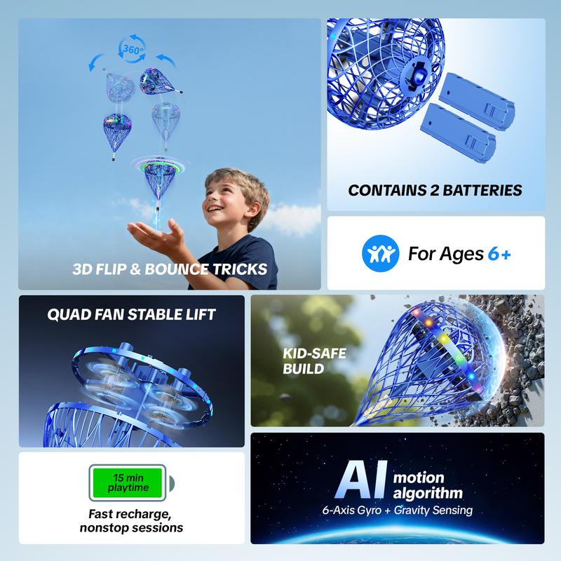【2025 Halloween】 Flystars Motion Control Flying Orb Ball Drone – 360° Flip & Trick Hover Ball Spinner, Hand-Controlled Mini Drone for Kids Ages 6+ & Adults, Indoor/Outdoor Galaxy Toy, Fun Gift for Halloween, Easter & Christmas