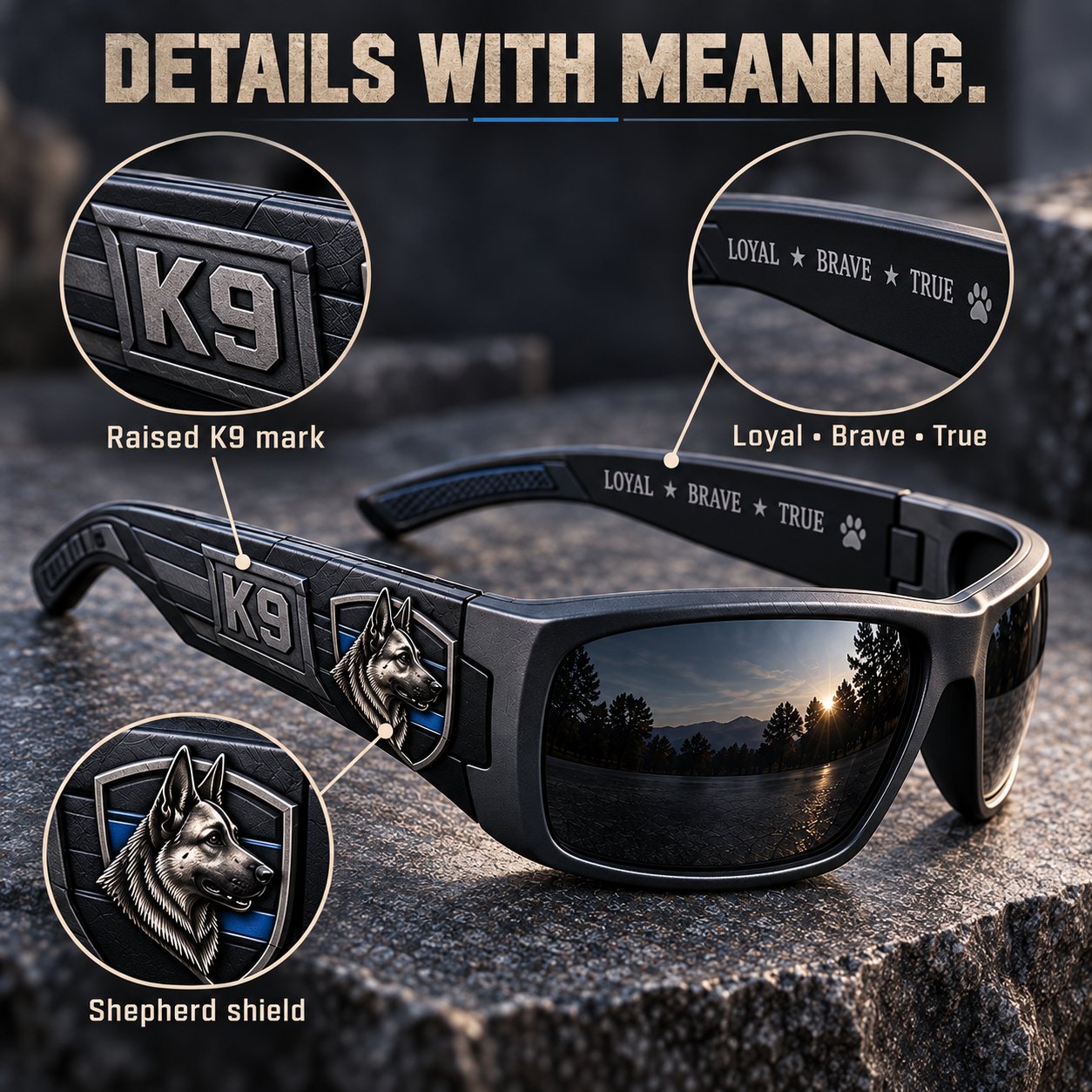 Close view of the raised K9 mark, shepherd shield, and Loyal Brave True details