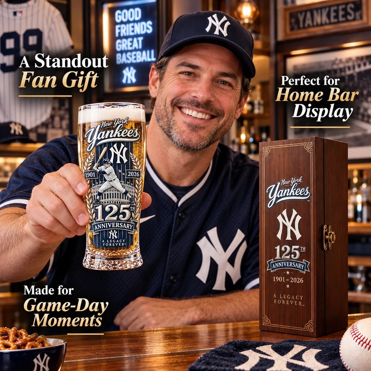 Baseball fan holding the anniversary glass beside its presentation box