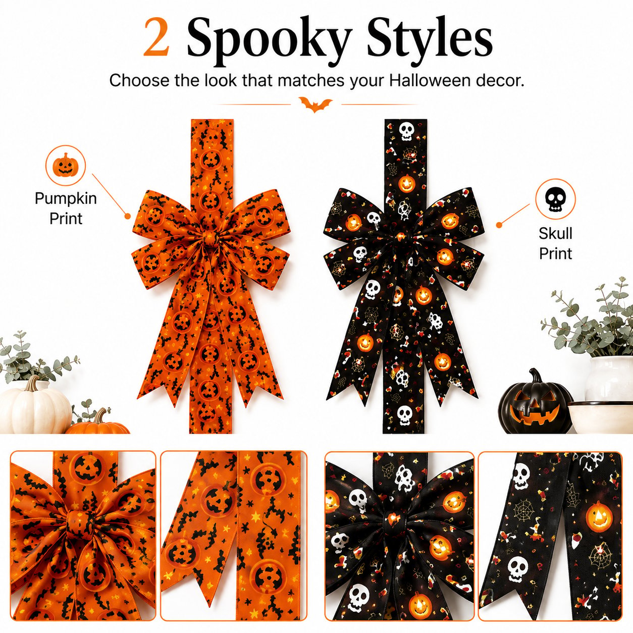 Pumpkin and skull Halloween ribbon bow styles