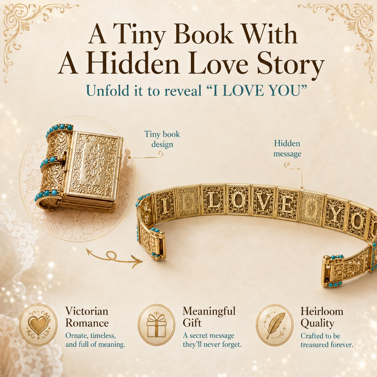 Miniature book bracelet revealing hidden I Love You message