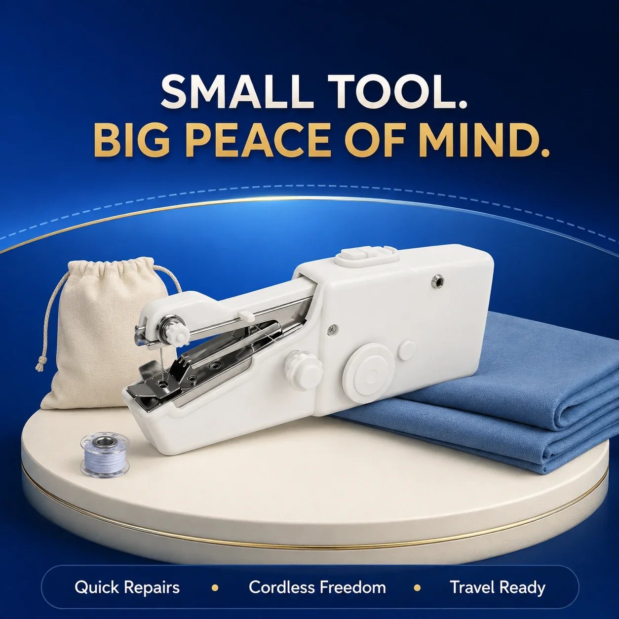 Portable handheld sewing machine ready for quick repairs at home or while traveling