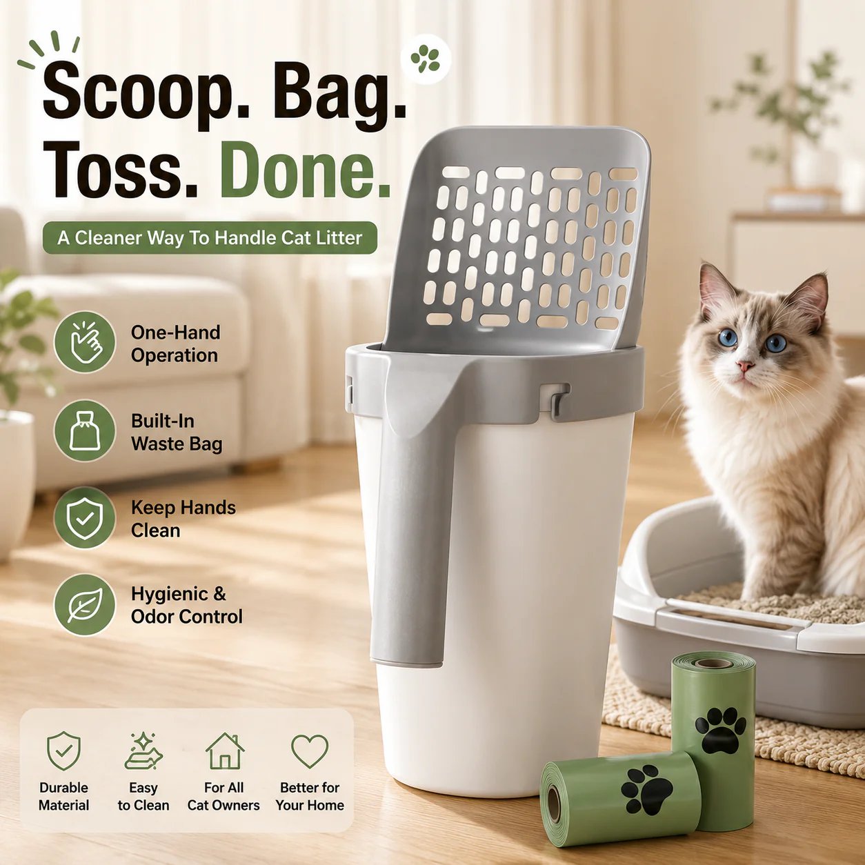All-in-one cat litter scoop with built-in waste bag container