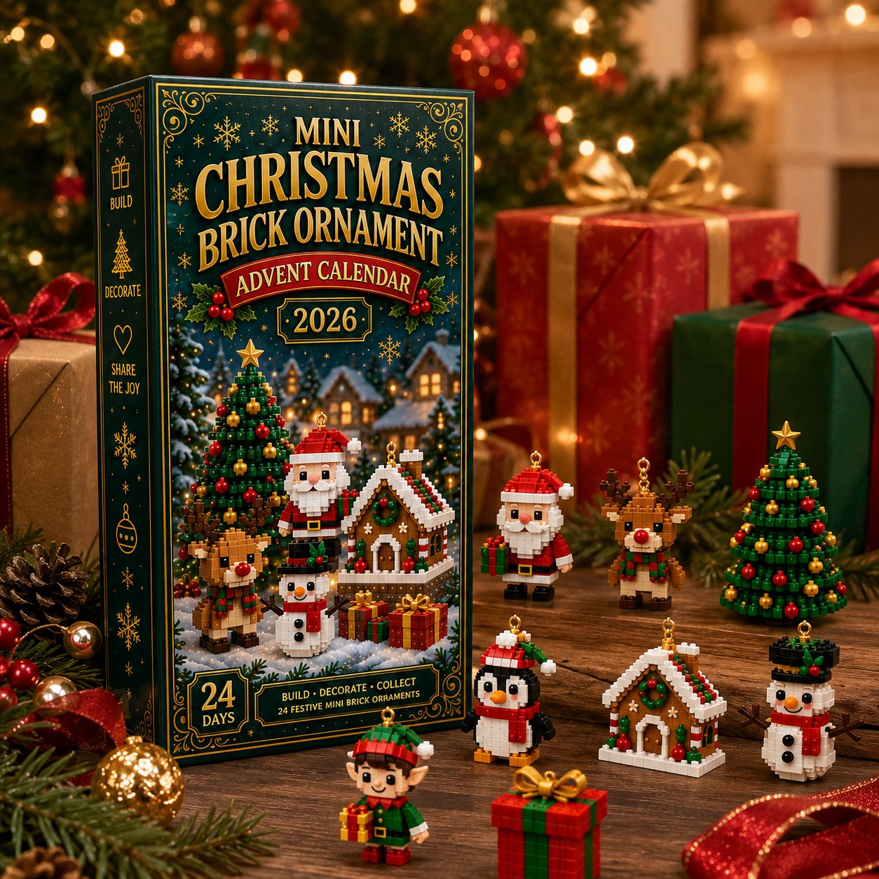 Grüne und goldene Adventskalenderverpackung mit festlichen Miniaturmodellen