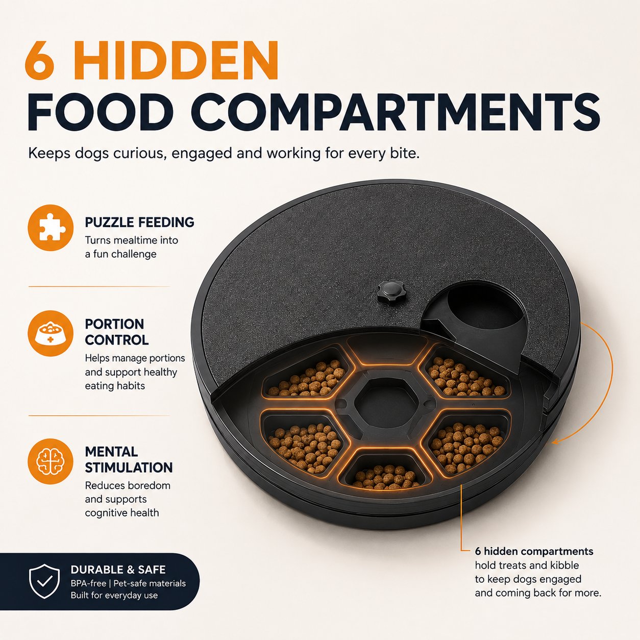 Six hidden food compartments in dog feeder
