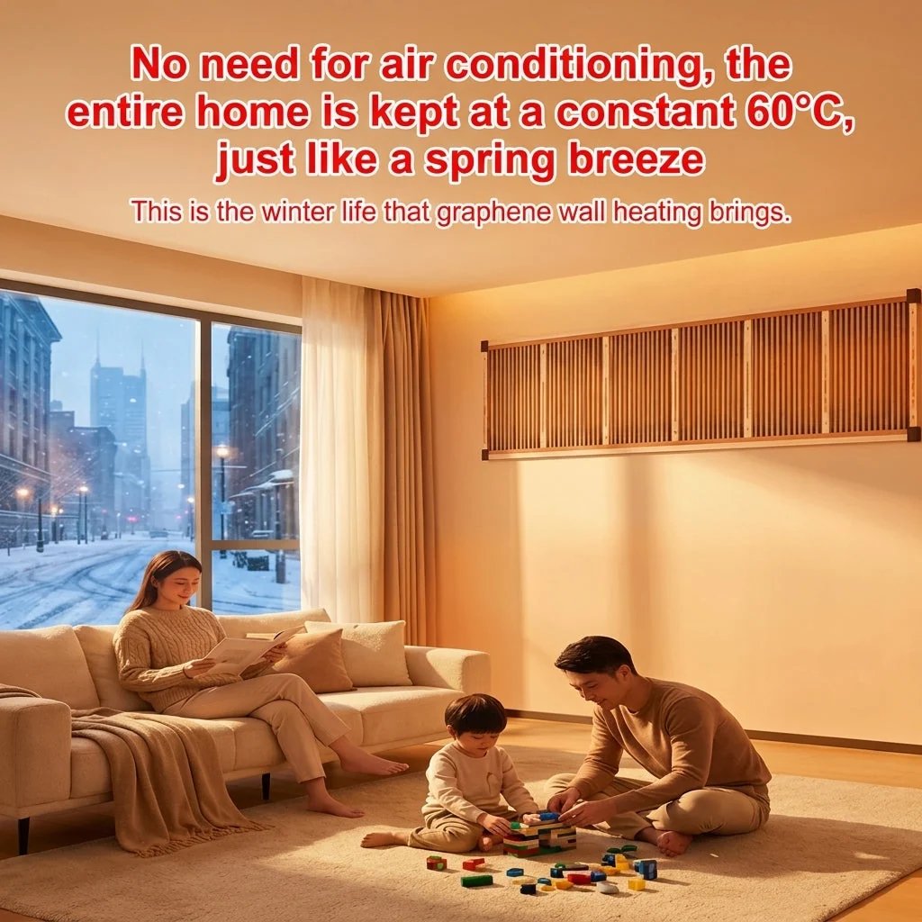 Illustrative living room scene with a heating-film installation shown above a family seating area