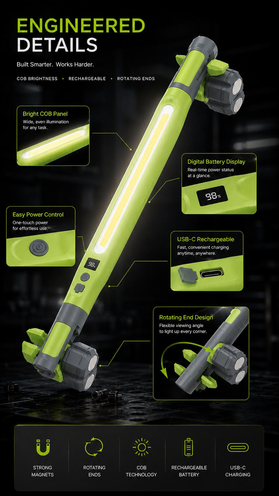 Rechargeable COB Work Light, USB-C Magnetic LED InspectionLight with Hook & Clamp, 360° Rotating Portable GarageMechanic Light for Car Repair, Emergency, Camping, Father'sDay Gifts for Men Dad Rechargeable COB Work Light, USB-C Magnetic LED InspectionLight with Hook & Clamp, 360° Rotating Portable GarageMechanic Light for Car Repair, Emergency, Camping, Father'sDay Gifts for Men Dad