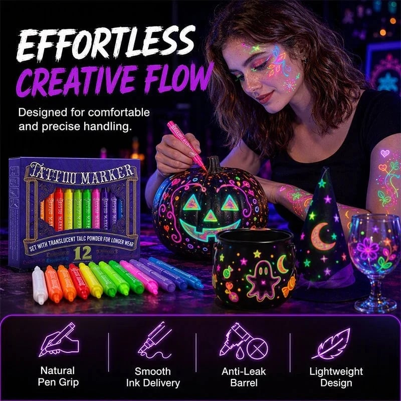 Fluorescent tattoo pens used on crafts and multiple decorative surfaces