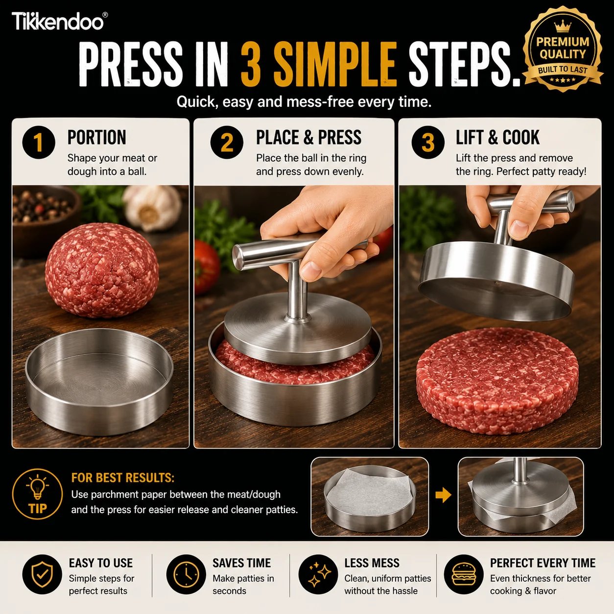 Three steps for using a manual burger patty press