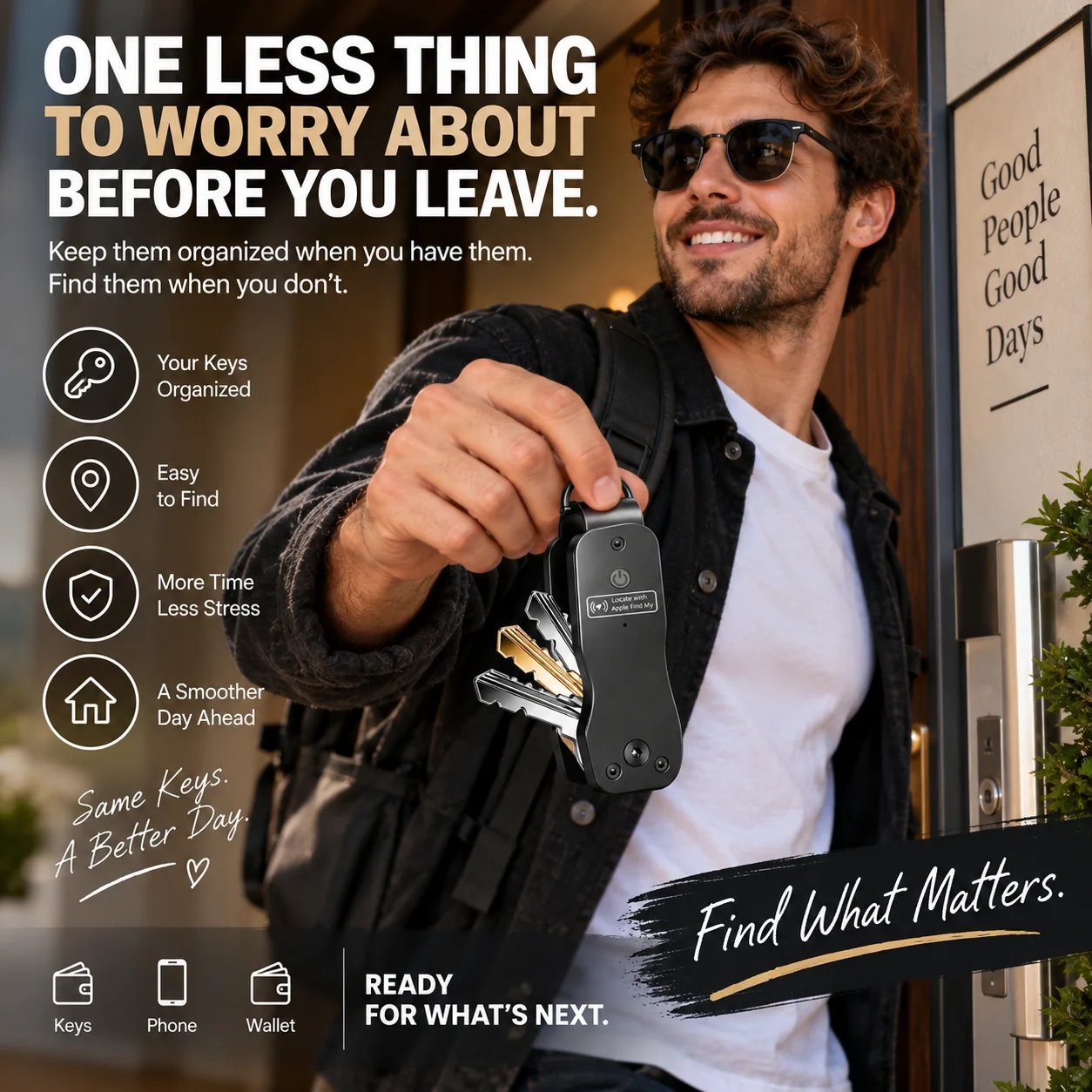 Man leaving home carrying organized smart key holder Man leaving home carrying organized smart key holder