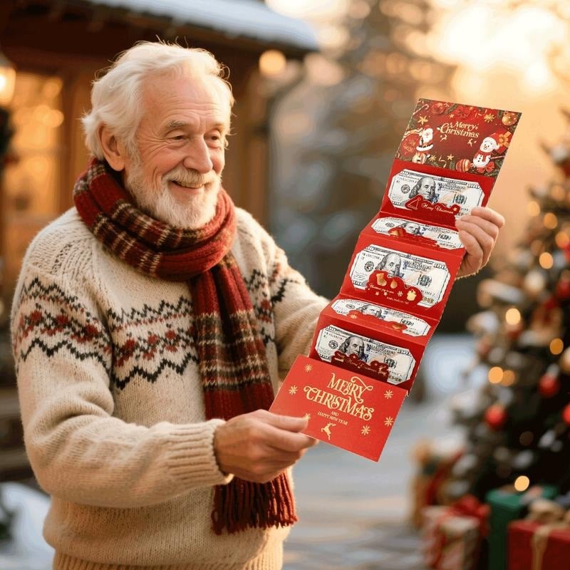 Foldable Christmas money holder envelope held next to Christmas tree