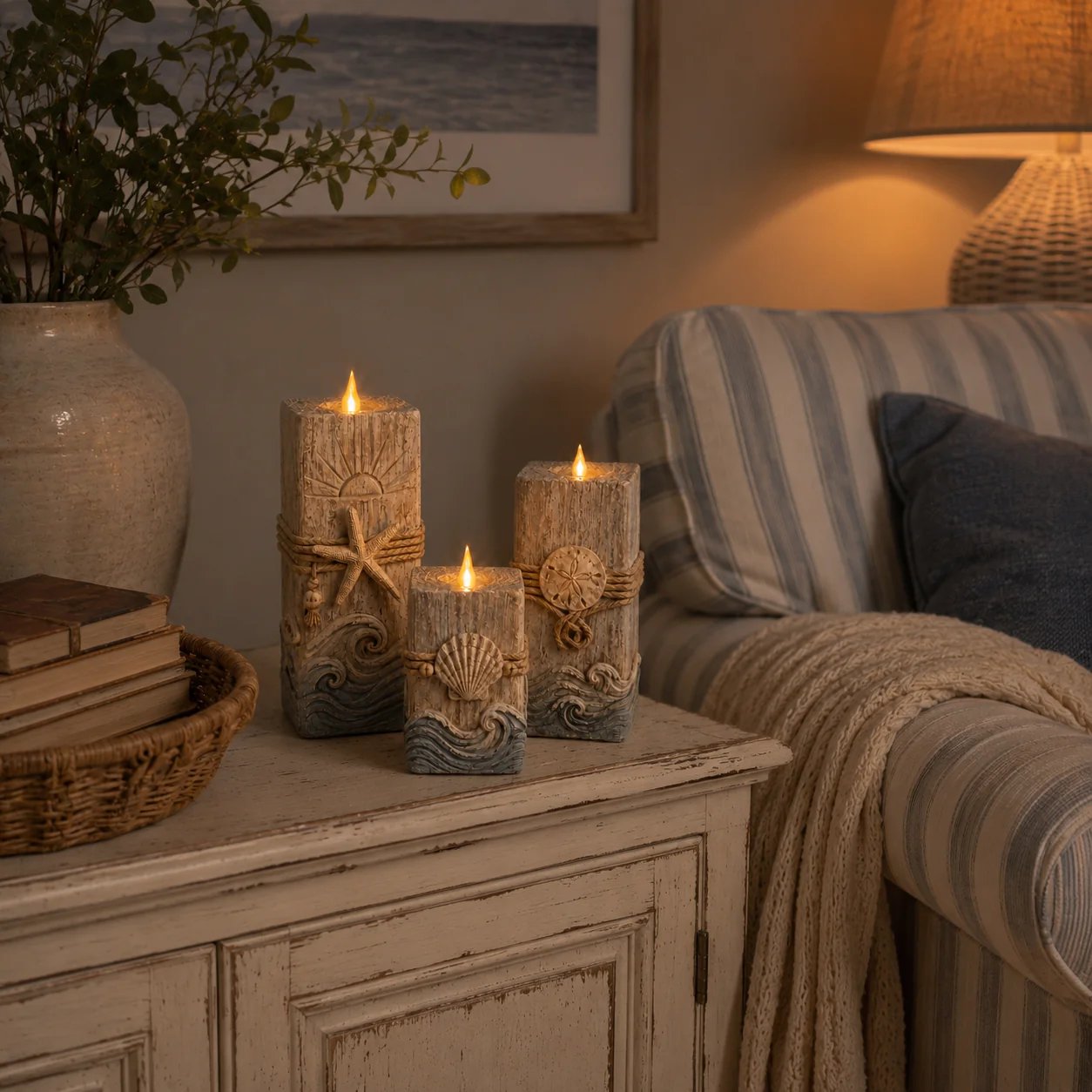 Coordinating three-piece coastal wooden LED candle set arranged on table