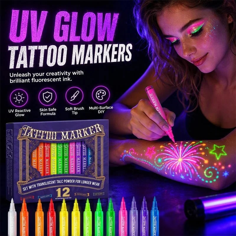 Twelve glow party tattoo pens with colorful blacklight designs