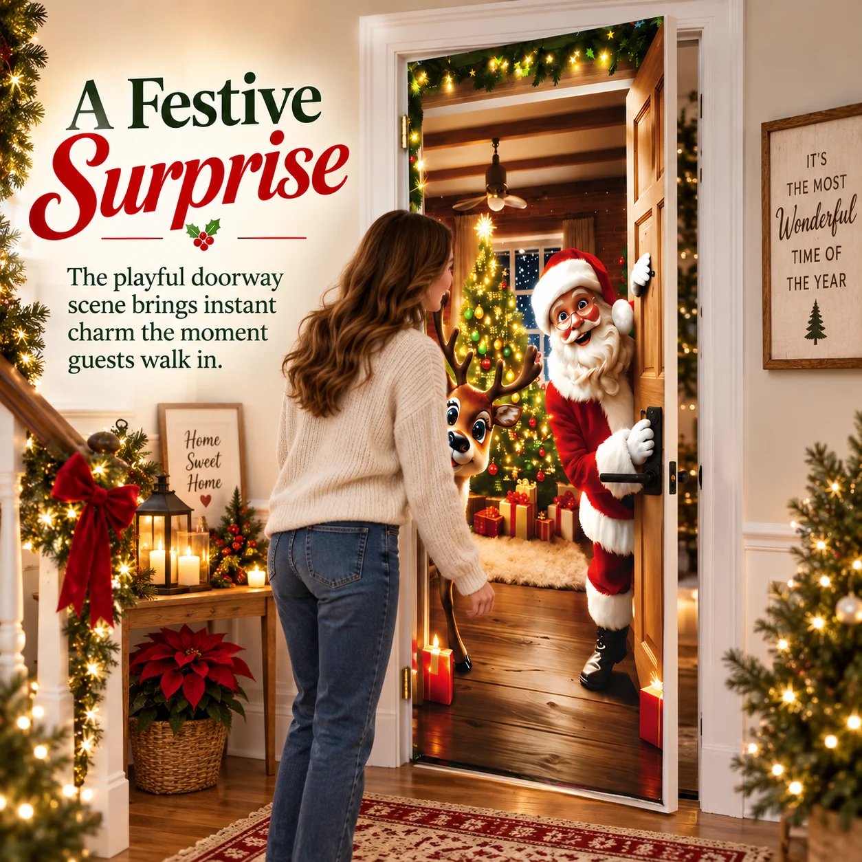 Christmas doorway scene featuring Santa and reindeer door artwork