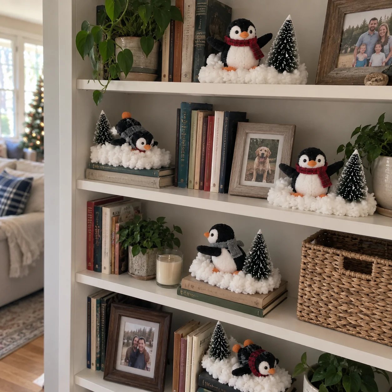 Penguin Snow Decoration on Bookshelves