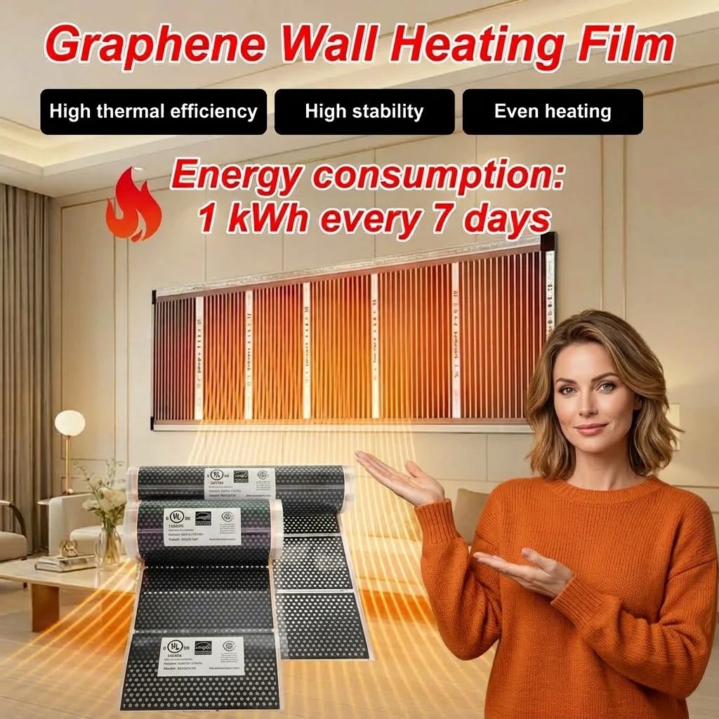 Original product scene showing a wall-heating layout and rolls of black heating film
