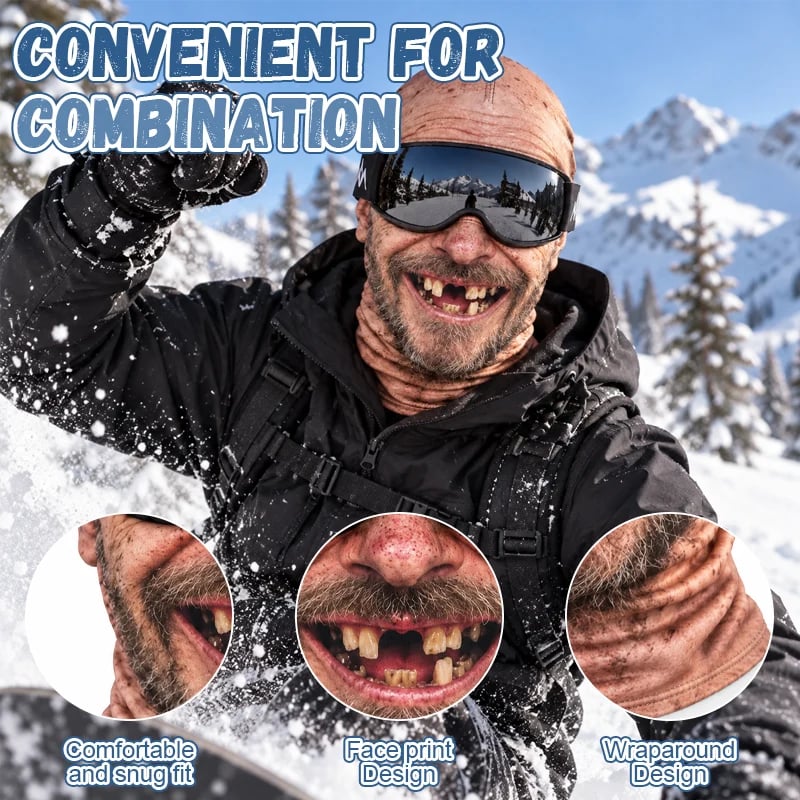 Funny realistic face ski mask worn with ski goggles and winter gear