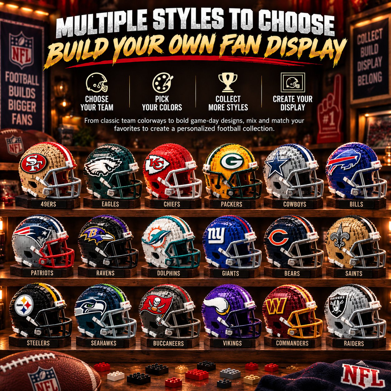 Multiple football helmet building block style options
