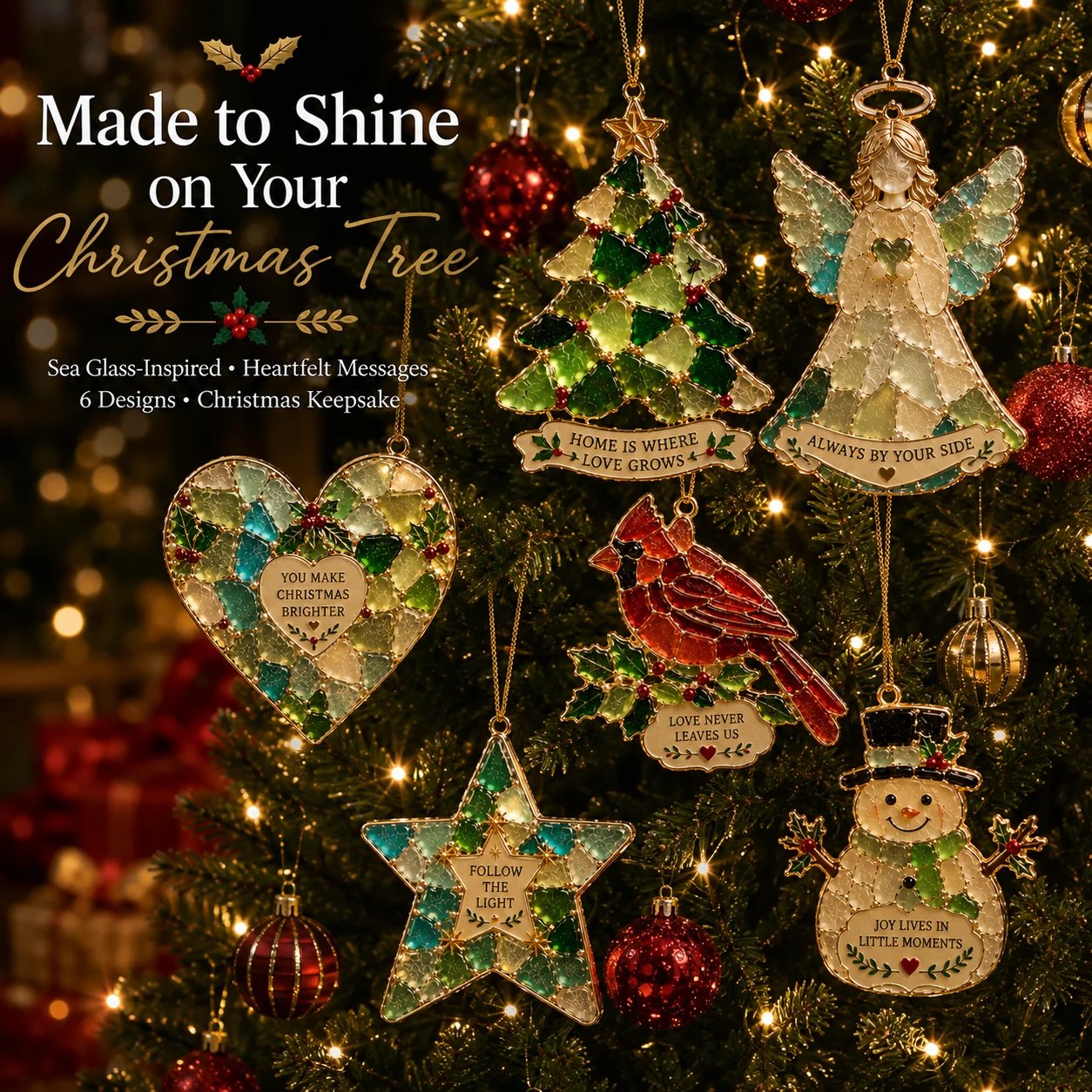 Sea Glass Christmas Blessing Ornament displayed on Christmas tree