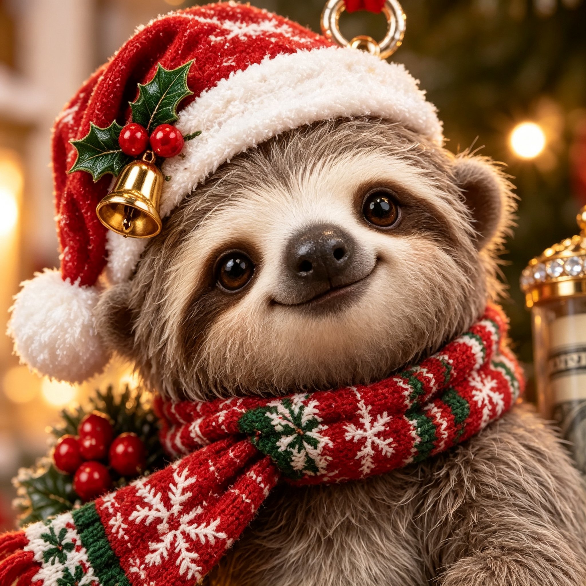 Macro close-up of the soft plush sloth face with Santa hat