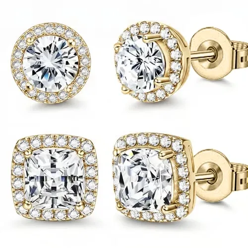Halo Stud Earrings 4-Pack - Gold & Silver Round/Square Styles - Gold