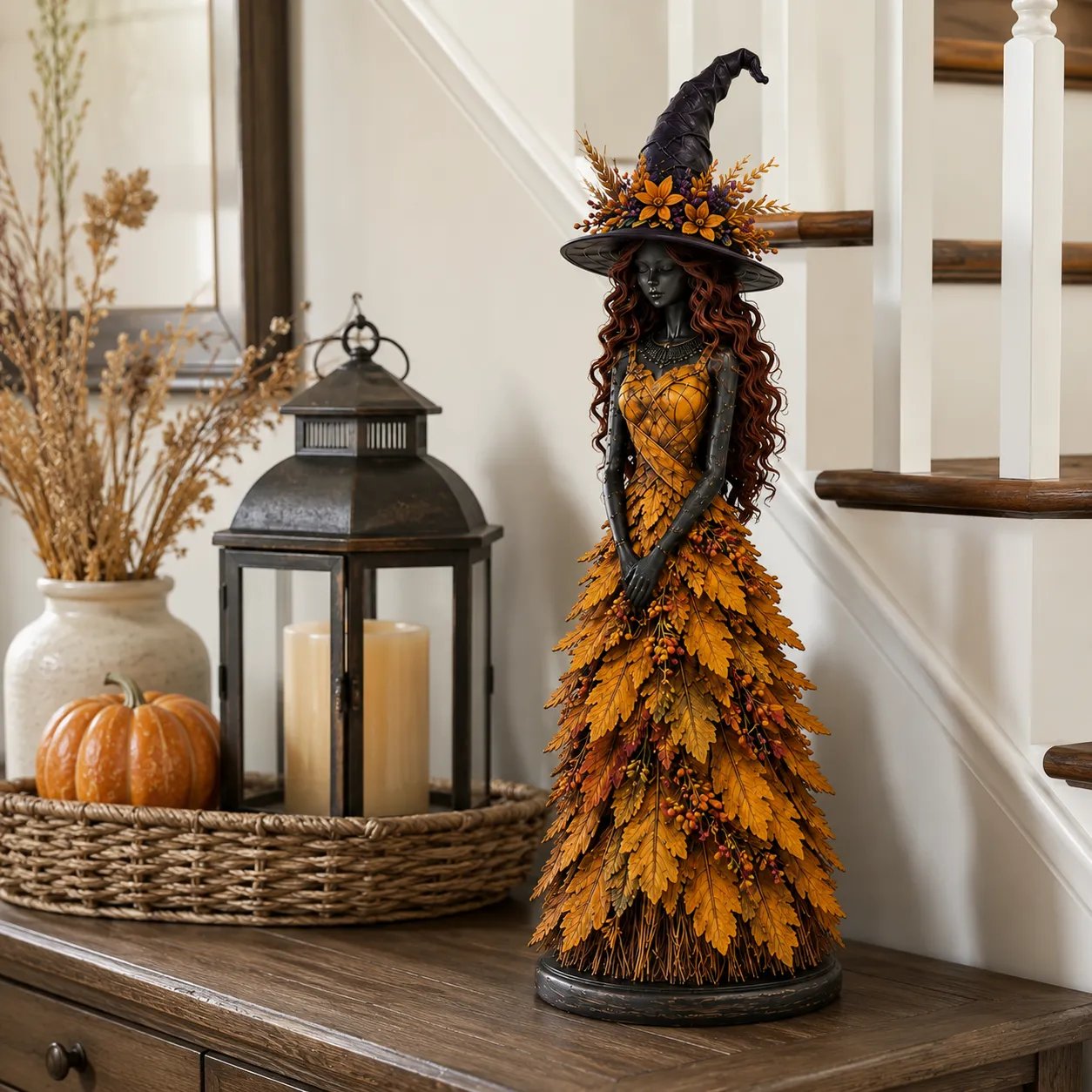 Elegant fall witch figurine decor