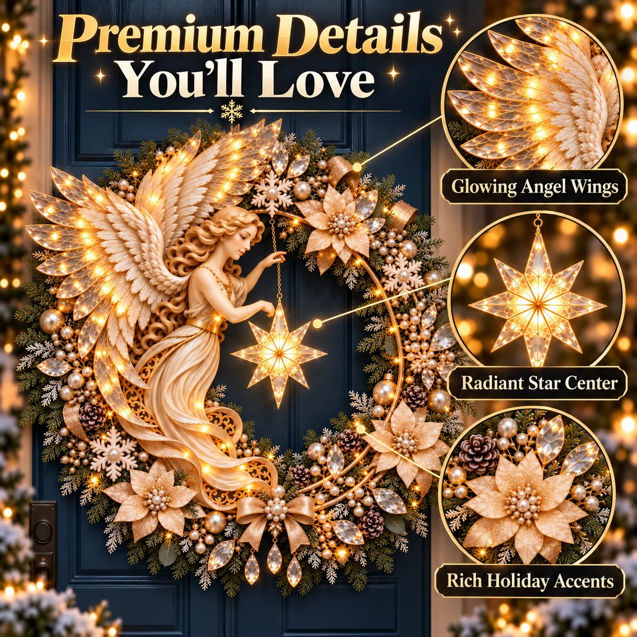 Day and night comparison of an illuminated angel Christmas wreath