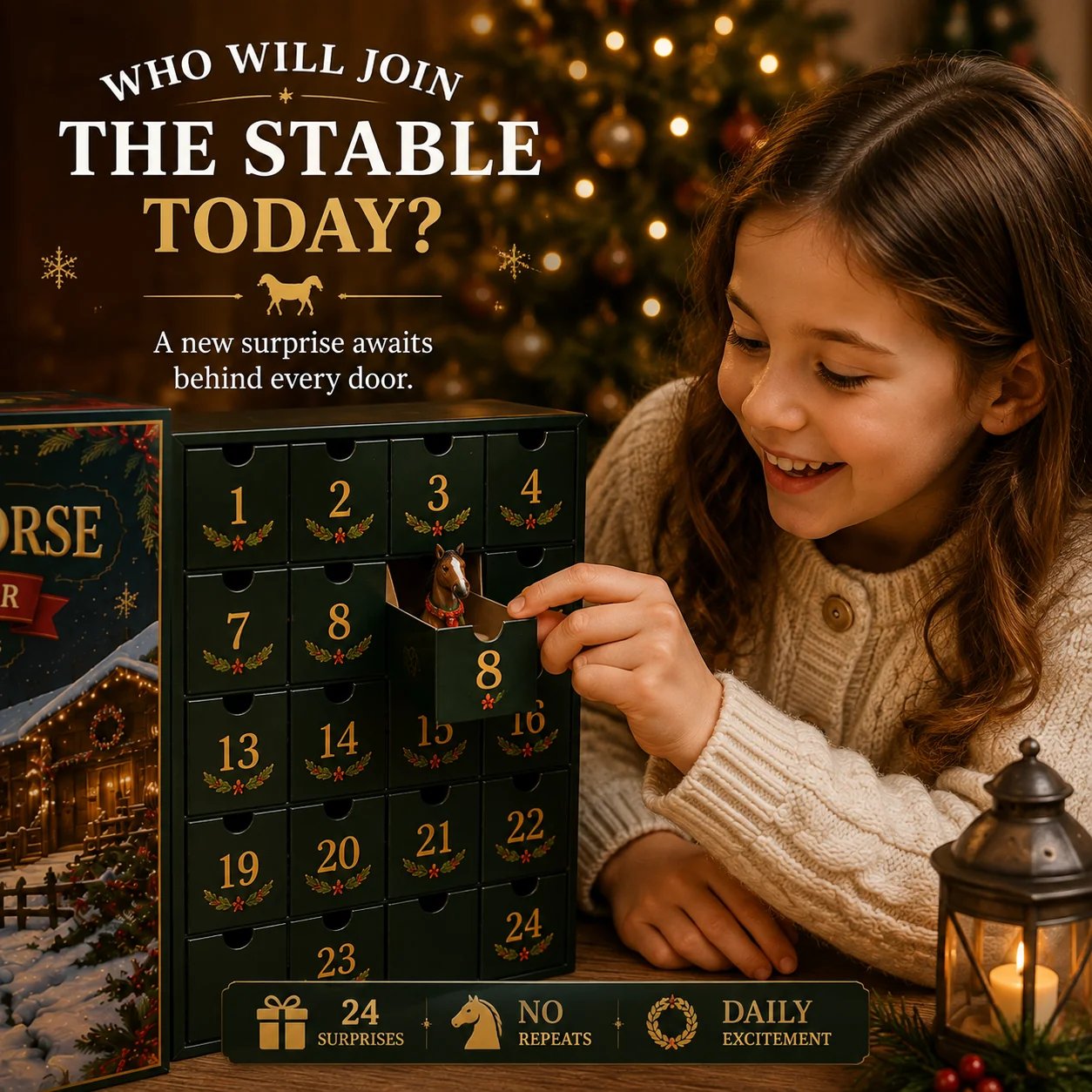 Child opening a numbered drawer to discover a horse surprise