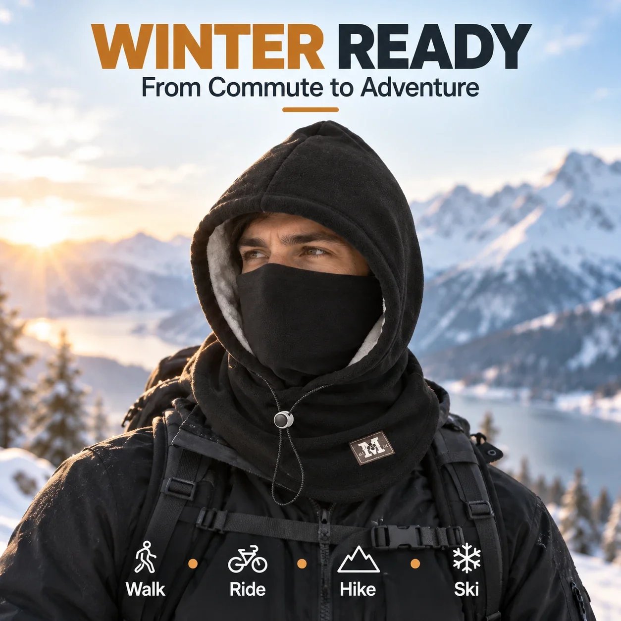 Fleece hood worn during winter outdoor activities