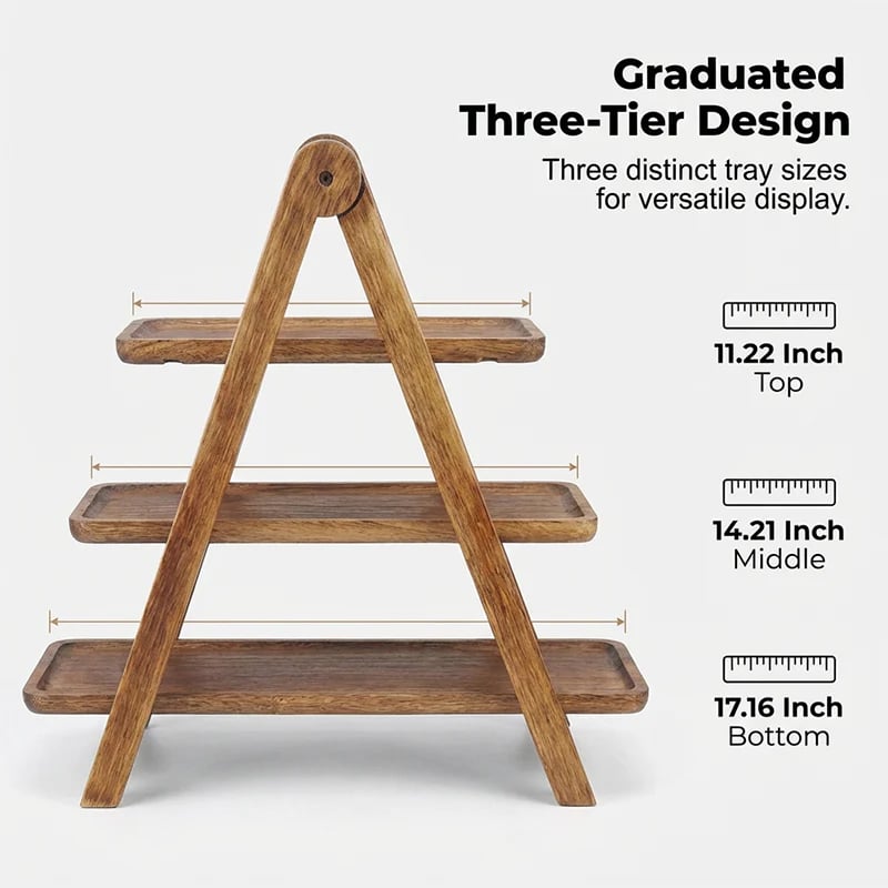 3-tier wooden serving tray with handle