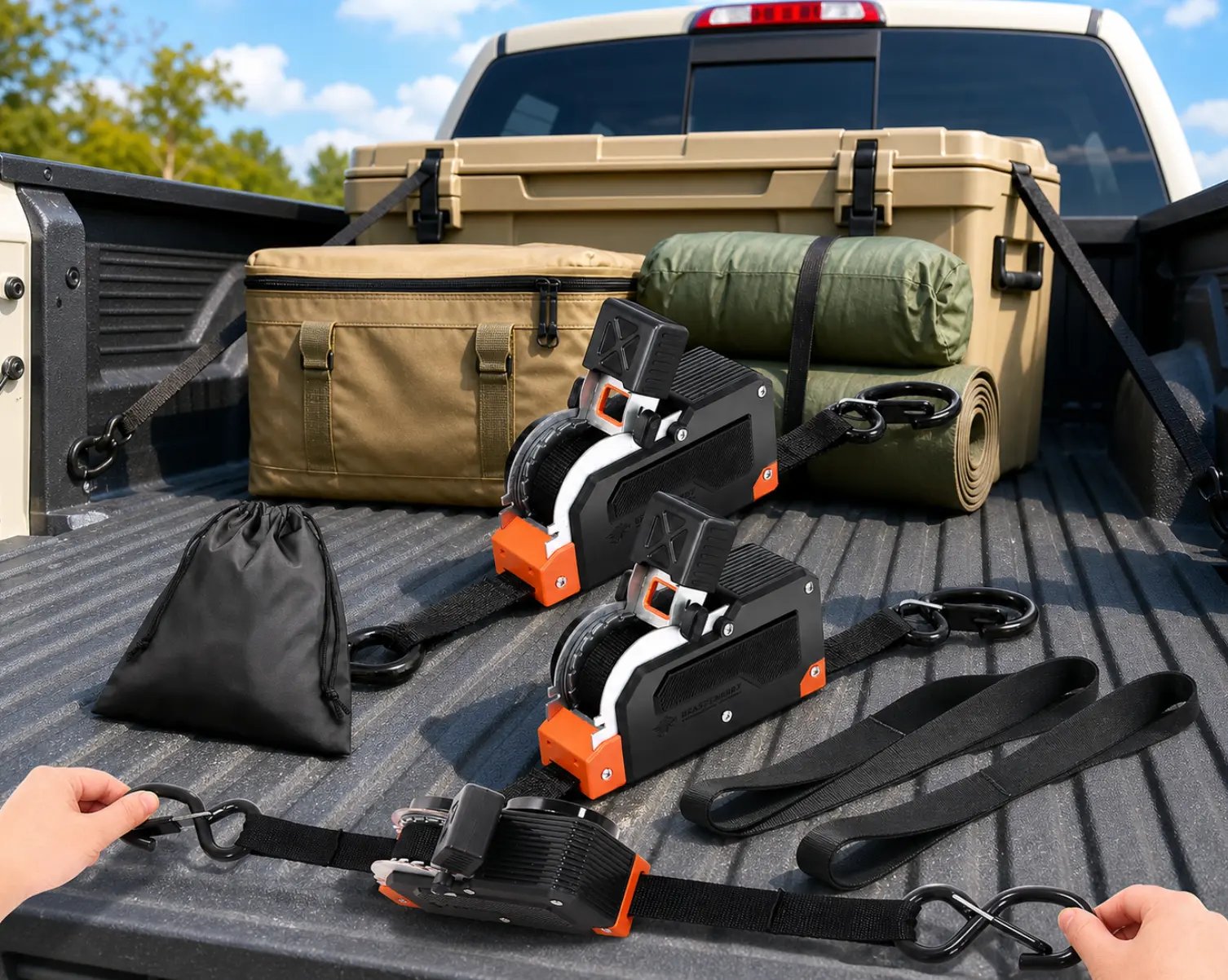 Retractable ratchet tie down straps for camping and truck cargo Retractable ratchet tie down straps for camping and truck cargo